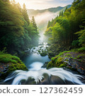 A Japanese-style art of a fantastic bamboo forest valley and morning mist 127362459