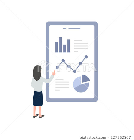 Business vector illustration material of a woman operating and analyzing a graph report displayed on a terminal (flat 127362567
