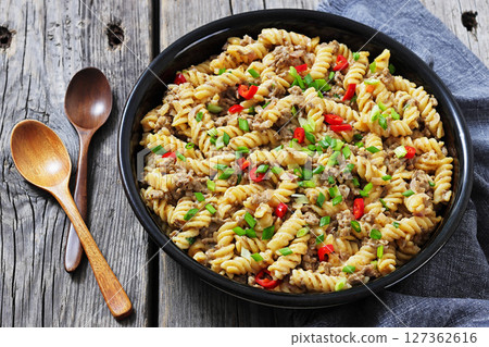 creamy ground beef cheeseburger pasta, top view creamy ground beef cheeseburger pasta, top view 127362616