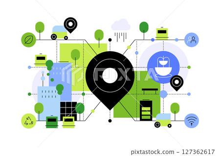 Modern city. Locations and navigation. Public places and greening Modern city. Locations and navigation. Public places and greening 127362617