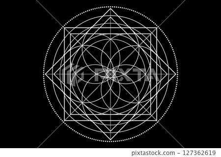 Sacred Geometry symbol. Logo icon Geometric mystic mandala of alchemy esoteric Flower of Life. Mystical lotus of fortune, white vector tattoo divine meditative amulet isolated on black background Sacred Geometry symbol. Logo icon Geometric mystic mandala of alchemy esoteric Flower of Life. Mystical lotus of fortune, white vector tattoo divine meditative amulet isolated on black background 127362619