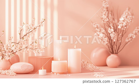 Romantic candles with spring flowers, pastel colors 127362767