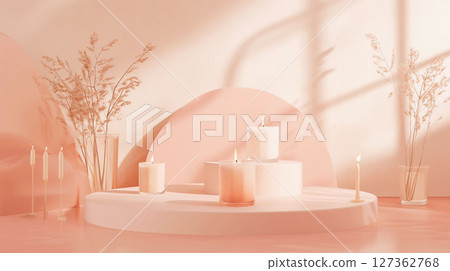 Cozy candles in glass jars with plants, pastel peach coral colors Cozy candles in glass jars with plants, pastel peach coral colors 127362768