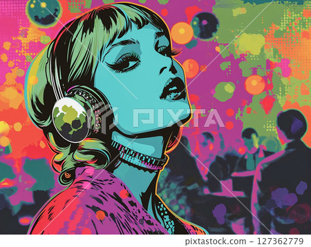 Girl in headphones. Vintage poster of retro party, disco music lover 127362779