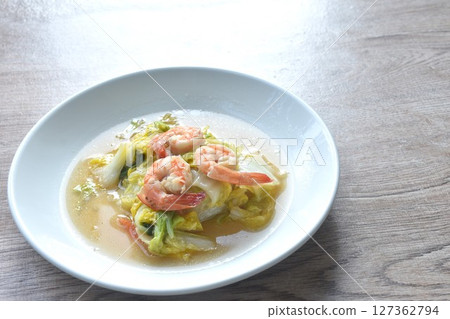 fried slice cabbage with shrimp in soy sauce on plate 127362794