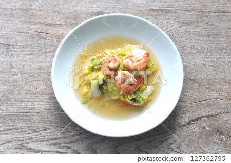 fried slice cabbage with shrimp in soy sauce on plate 127362795