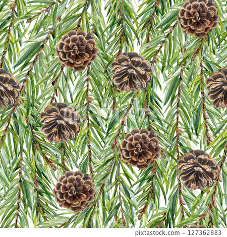 Evergreen fir branches with cones seamless watercolor pattern. Hand-painted foliage design ideal for packaging, fabric, wallpaper, holiday cards, branding, eco products, seasonal decorations, holiday 127362883