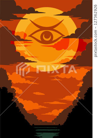 The sun is watching - Ominous orange cloud background 127362926