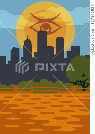 The sun is watching - An ominous atmosphere of buildings and a park in the background 127362928