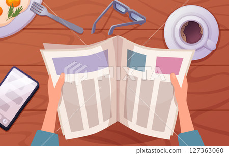 Newspaper in hands. man holding daily newspaper reading and eating breakfast. vector top view illustration 127363060