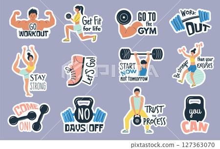 Motivational phrases. Collection of sport fitness stickers recent vector lettering set Motivational phrases. Collection of sport fitness stickers recent vector lettering set 127363070