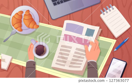 Newspaper. Business character holding morning newspaper exact vector top view illustration 127363077