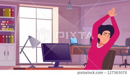 Stretching people. Office business characters making yoga exercises exact vector template 127363078