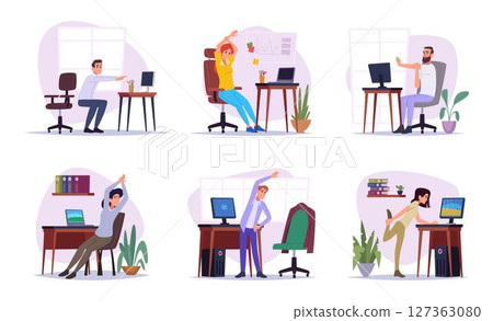Stretching characters. Business people making sport or yoga simple exercises on work exact vector stretching people Stretching characters. Business people making sport or yoga simple exercises on work exact vector stretching people 127363080