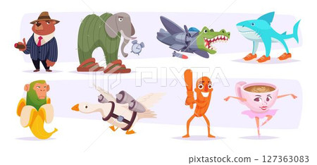 Funny animals. Italian tralala illustrations ballerina crocodile shark in shoes exact vector Funny animals. Italian tralala illustrations ballerina crocodile shark in shoes exact vector 127363083