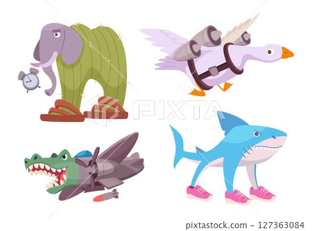 Funny animals. Tralala brain rot pictures custom cute characters italian animals in shoes tools with eyes exact vector conceptual set Funny animals. Tralala brain rot pictures custom cute characters italian animals in shoes tools with eyes exact vector conceptual set 127363084