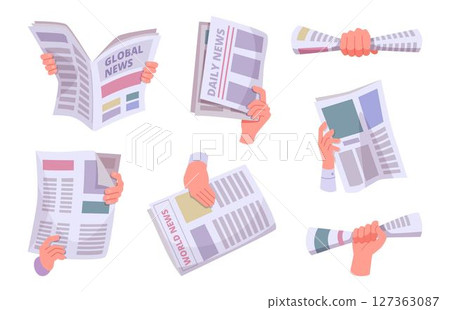 Newspaper in hands. Closed and opened business paper magazine in hands exact vector cartoon templates 127363087