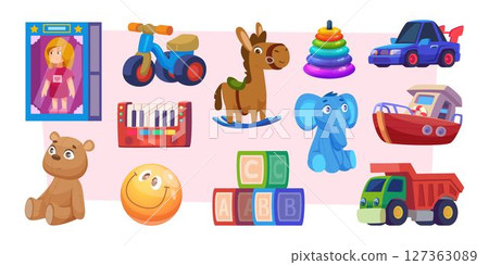 Toys. Colored collection of funny toys for kids playground exact vector kindergarten set 127363089