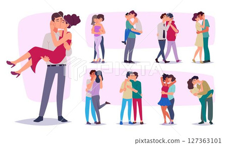 Kissing characters. Lovers couples hugs and kissing each others male and female relationship persons exact vector template illustrations Kissing characters. Lovers couples hugs and kissing each others male and female relationship persons exact vector template illustrations 127363101