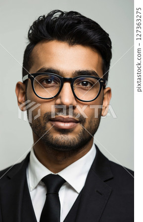 South Asian male economist with natural wave hairstyle and large minimalist glasses, calm as abstract currency motifs pulse outward, symbolizing 127363275
