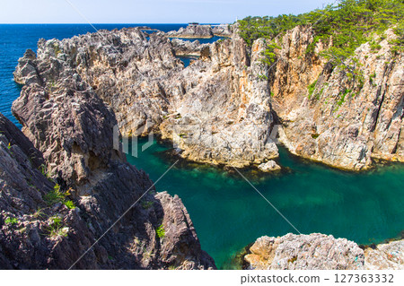 [Niigata Prefecture_Senkaku Bay] Rough cliffs created by erosion by rough waves over tens of thousands of years Spring 127363332