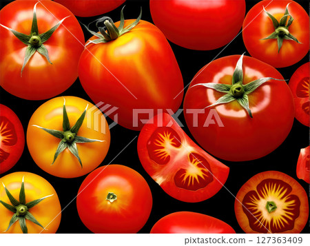 Heirloom Tomatoes (Solanum lycopersicum) A colorful mix of heirloom tomatoes with varying shapes and patterns, showcasing their rich, sweet flavor, 127363409