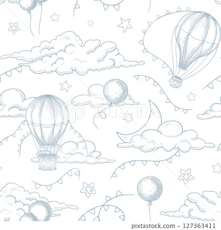 Seamless vector Pattern with hand drawn hot air Balloons, clouds, and stars in linear style. Outline drawing of Background with floating Aerostats and garland for nursery wallpaper or childish textile 127363411