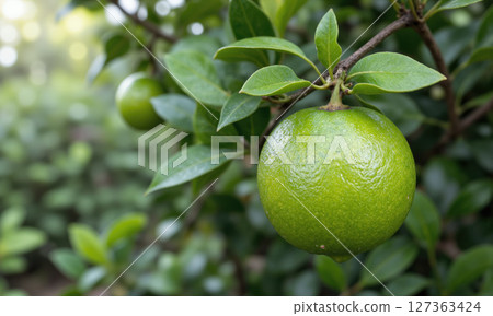 Lime Tree (Citrus aurantiifolia) The lime tree is known for its fragrant blossoms and tart green fruit, which is 127363424