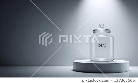 Glass Jar on Podium Displaying the Word Idea in Dramatic Lighting 127363500