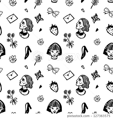 Vector seamless hand drawn pattern with girls, flowers and hearts 127363575