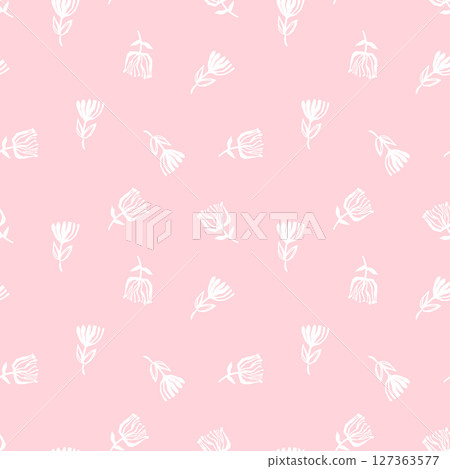 Vector seamless hand drawn pink pattern with abstract white flowers 127363577