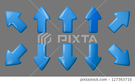 Blue 3D arrows vector illustration on a gray background, showcasing various directions for infographic, navigation, and web design needs. Perfect for UI UX projects and digital interfaces. Blue 3D arrows vector illustration on a gray background, showcasing various directions for infographic, navigation, and web design needs. Perfect for UI UX projects and digital interfaces. 127363710