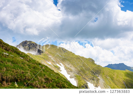 mountain landscape of romania under cloudy sky. europe nature scenery travel background for hiking in summer vacation season. scenic view of fagaras ridge in transylvania alps with steep rocky slopes 127363883