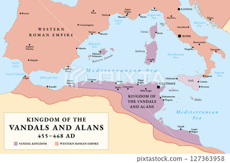 Kingdom of the Vandals and Alans, history map. Greatest extent of Vandal Kingdom from 455 to 468 AD, during reign of Gaiseric, who controlled parts of North Africa and important Mediterranean islands. 127363958