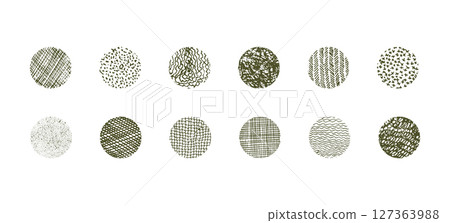 Set of isolated vector green grunge wavy, hitting and stroking textured ink pen round shapes. Unique squiggle scratched hand drawn curve texture circles collection for graphic design, patterns 127363988