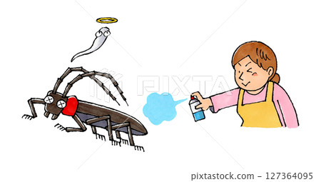 一位家庭主婦正在使用殺蟲劑消滅紅頸長角甲蟲 127364095