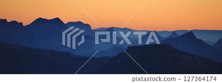 Mountain ranges after sunset, view from Niesen, Switzerland Mountain ranges after sunset, view from Niesen, Switzerland 127364174