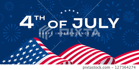 4th July banner, Fourth of July card, USA flag and fireworks 127364274