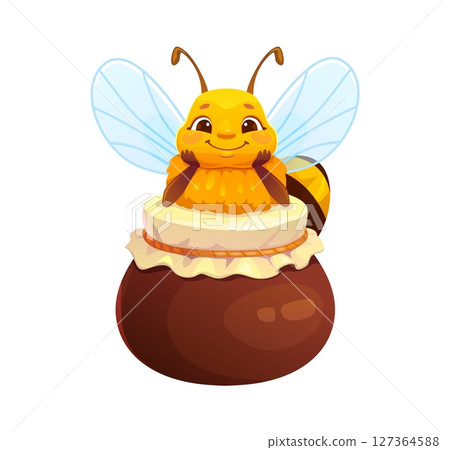 Cartoon honey bee character happily sitting on a honey jar. Cute vector insect exudes cheerful mood, highlights apiary produce, sweetness, playful beekeeping, honey harvest, and fun springtime vibes 127364588