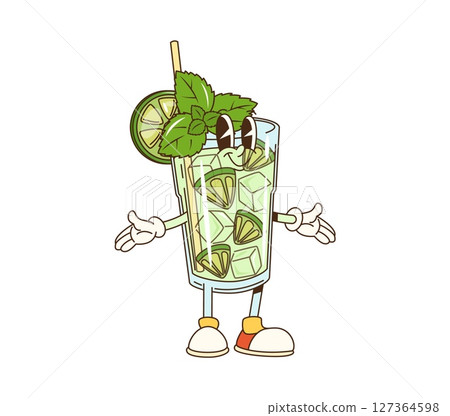 Cartoon groovy mojito glass character. Summer refreshing beverage, tasty lemonade funky retro personage. Mojito drink glass with pepermint leaves, lemon, straw and ice cubes groovy vector character 127364598