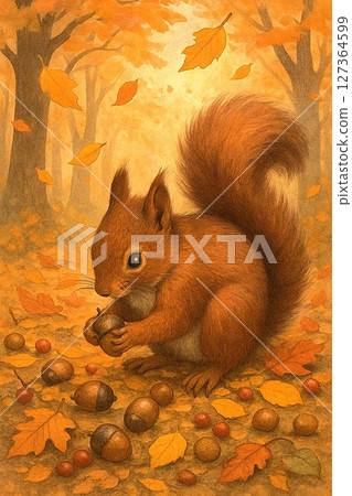 A squirrel eating walnuts among fallen leaves 127364599