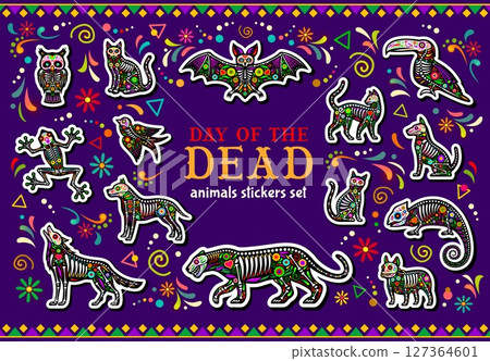 Day of the Dead mexican animal tattoo stickers, dead Halloween skeletons and calavera skulls at vector ethnic Mexico pattern background. Mexican Day of Dead dog, cat, bat and owl animal tattoos pack 127364601