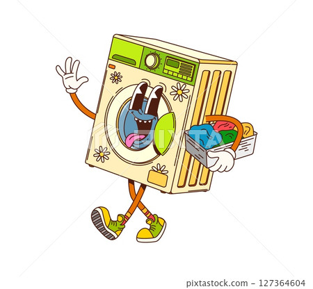 Cartoon groovy washing machine, furniture character. Home laundry appliance, household electronics isolated vector cheerful personage. Washing machine groovy character carrying basket with laundry Cartoon groovy washing machine, furniture character. Home laundry appliance, household electronics isolated vector cheerful personage. Washing machine groovy character carrying basket with laundry 127364604