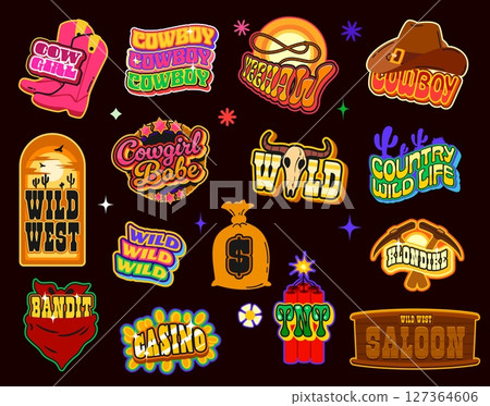 Wild west y2k groovy stickers, retro western patch labels. Cartoon vector adhesive pack with cowboy and cowgirl elements, saloon signs, moneybag, tnt, bandit scarf, saloon signboard and retro text 127364606