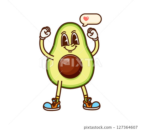 Strong avocado fruit half groovy happy character. Organic farm natural avocado happy cartoon vector character or funky personage. Ripe tropical fruit cheerful mascot with heart in message cloud Strong avocado fruit half groovy happy character. Organic farm natural avocado happy cartoon vector character or funky personage. Ripe tropical fruit cheerful mascot with heart in message cloud 127364607