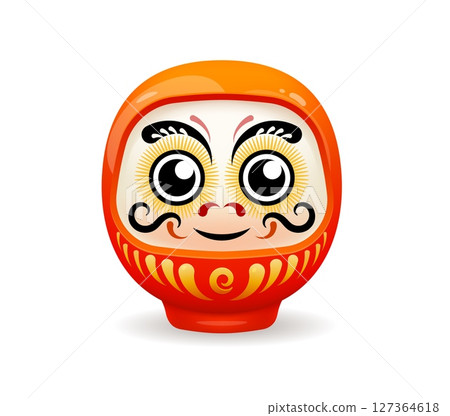 Daruma or Japanese doll of Bodhidharma symbol from Japan culture, vector talisman. Red daruma doll face mask symbolizing fortune luck and health and spirituality and evil protection in Japanese art 127364618