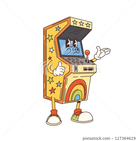 Groovy casino slot machine character. Las Vegas casino gambling and money betting game, one armed bandit slot machine funky vector personage. Retro arcade tabletop cabinet with joystick and coin slot Groovy casino slot machine character. Las Vegas casino gambling and money betting game, one armed bandit slot machine funky vector personage. Retro arcade tabletop cabinet with joystick and coin slot 127364629