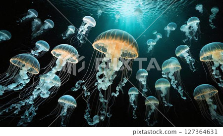 Jellyfish floating in the dark 127364631
