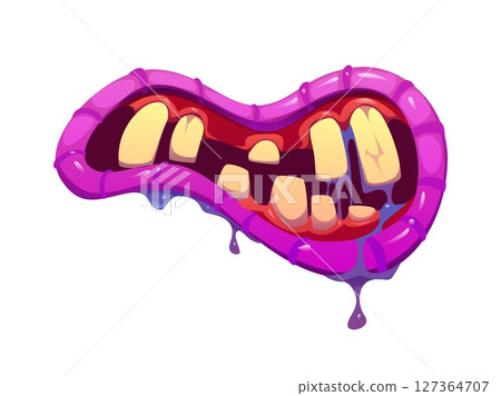 Halloween creepy monster jaw with dripping saliva. Halloween monster isolated cartoon vector fangs, scary beast open mouth with dripping saliva or horror creature ugly roaring maw with purple lips Halloween creepy monster jaw with dripping saliva. Halloween monster isolated cartoon vector fangs, scary beast open mouth with dripping saliva or horror creature ugly roaring maw with purple lips 127364707
