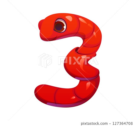 Cartoon math number three as cute earthworm, kids animal alphabet, funny zoo mascot font digit 3, funny typeface numeral character type. Numeral for children education, mathematics counting games 127364708